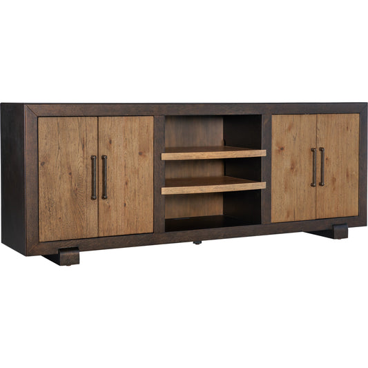 Big Sky 4-Door Entertainment Console by Hooker Furniture in dusk, vintage natural. Made from maple, pecky hickory veneers with solid wood edged top in a modern style.
