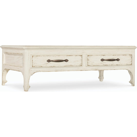Americana Rectangle Cocktail Table by Hooker Furniture in whites, creams, beiges and worn white finish. Made from oak veneers with solid-wood edge top in a modern style.