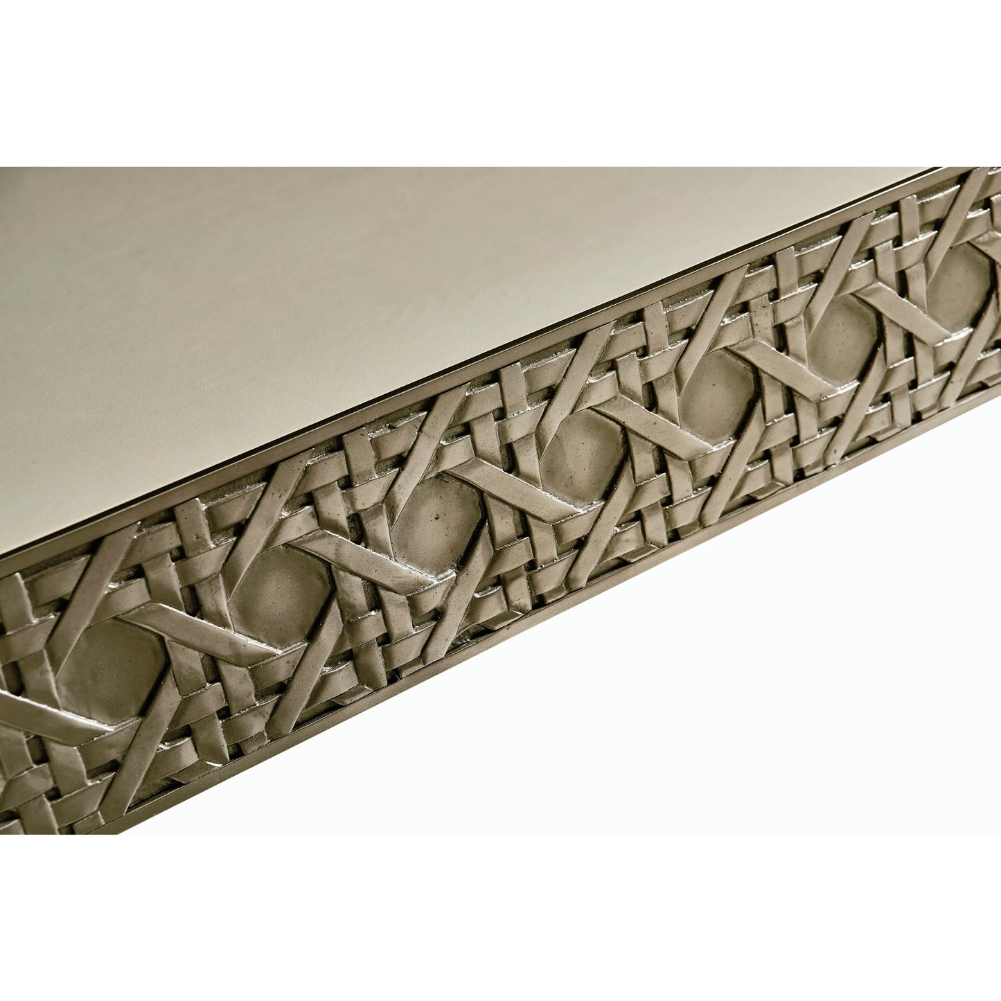 002 SI-2186273 | Closeup | Water Cnoidal Cane Carved Metal Desk by Jonathan Charles in white brass. Made from metal, leather in a modern style.