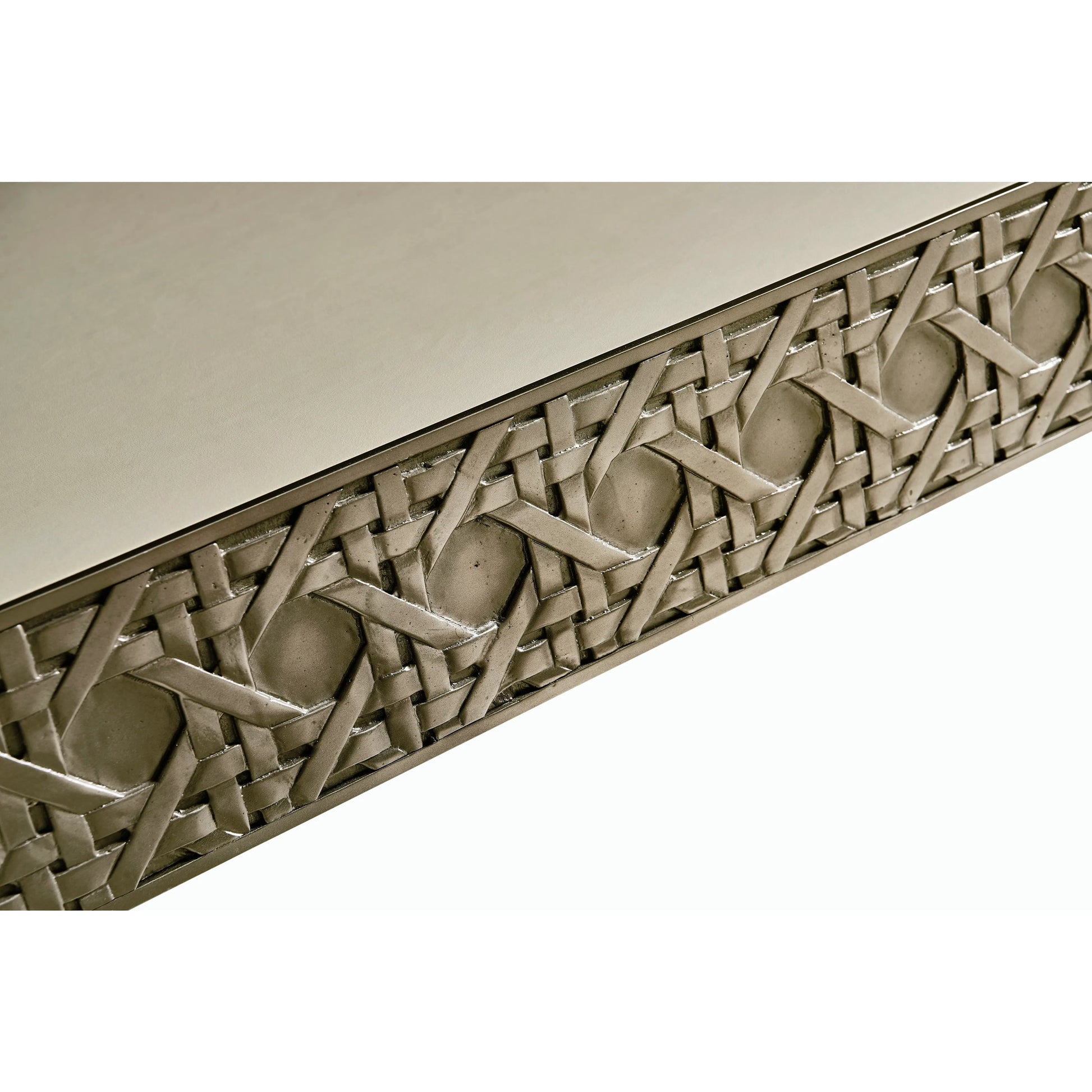 Water Cnoidal Cane Carved Metal Desk by Jonathan Charles in white brass. Made from metal, leather in a modern style.
