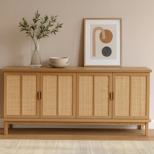 Seymour Sideboard by Moe's Home Collection in natural and natural. Made from solid oak frame, oak veneer over mdf top, side panels, rattan, metal in a unique style.