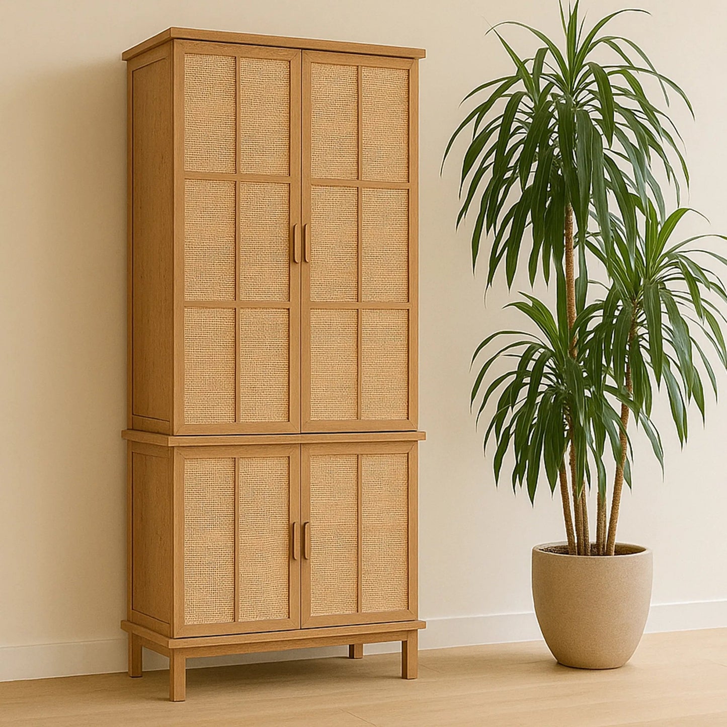 008 SI-2527891 | Lifestyle | Seymour Cabinet by Moe's Home Collection in natural. Made from solid oak frame, oak veneer over mdf top, side panels, rattan, metal in a unique style.