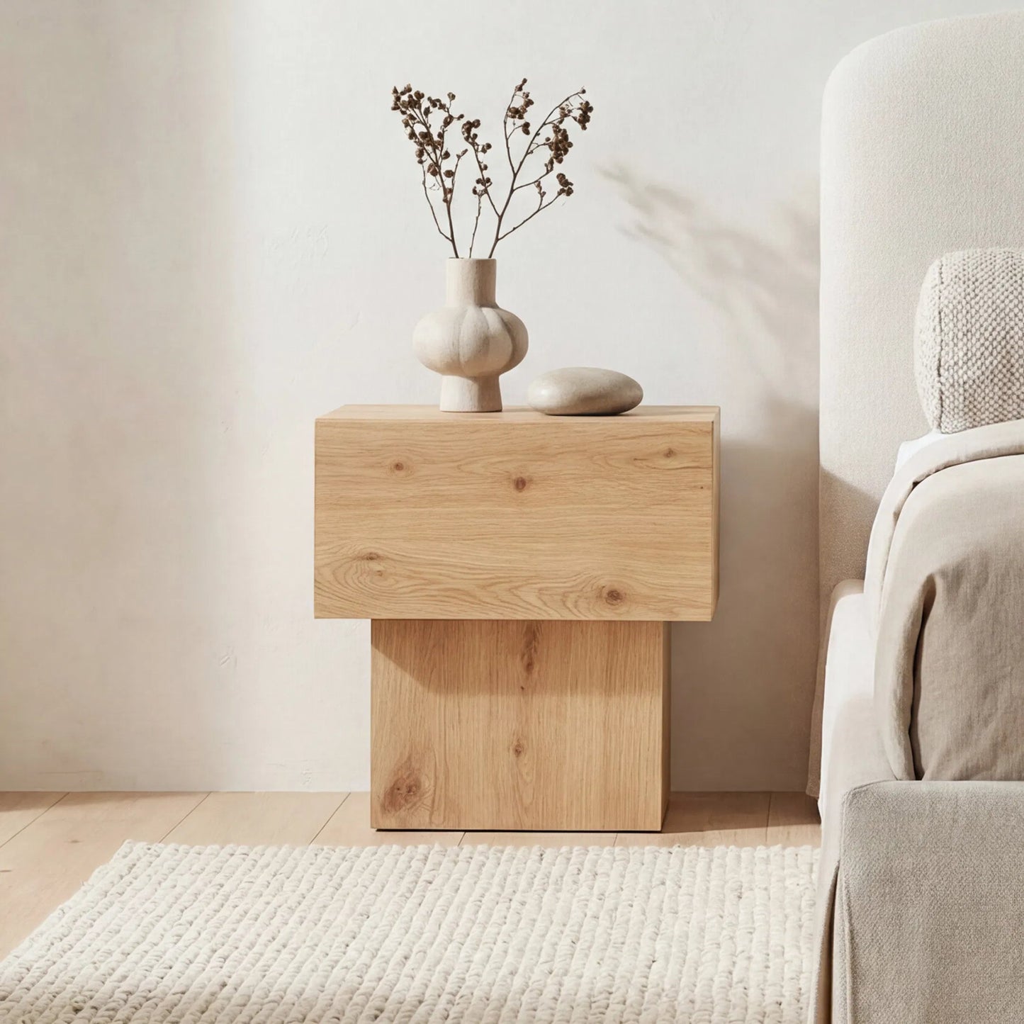 006 SI-2527893 | Lifestyle | Shawn Nightstand by Moe's Home Collection in natural. Made from top, side, drawer head mdf, rustic oak 1mm veneer, pine wood, oak veneer 0.6mm, adjustable glide in a unique style.