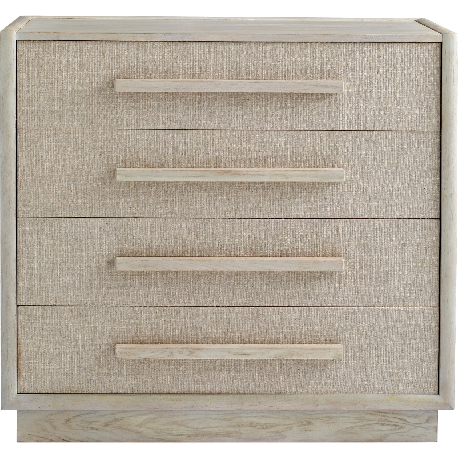 Cotiere Drawer Chest by A.R.T. Furniture in beige and linen. Made from parawood solids, mixed split cathedral quarter-wite oak veneer, fabric in a modern style.