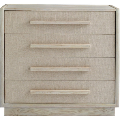 Cotiere Drawer Chest by A.R.T. Furniture in beige and linen. Made from parawood solids, mixed split cathedral quarter-wite oak veneer, fabric in a modern style.