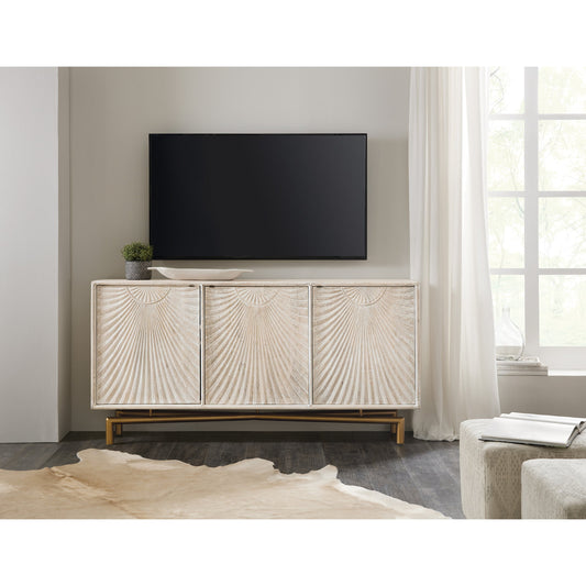 Entertainment Console by Hooker Furniture in rustic light mango. Made from mango wood, iron in a modern style.