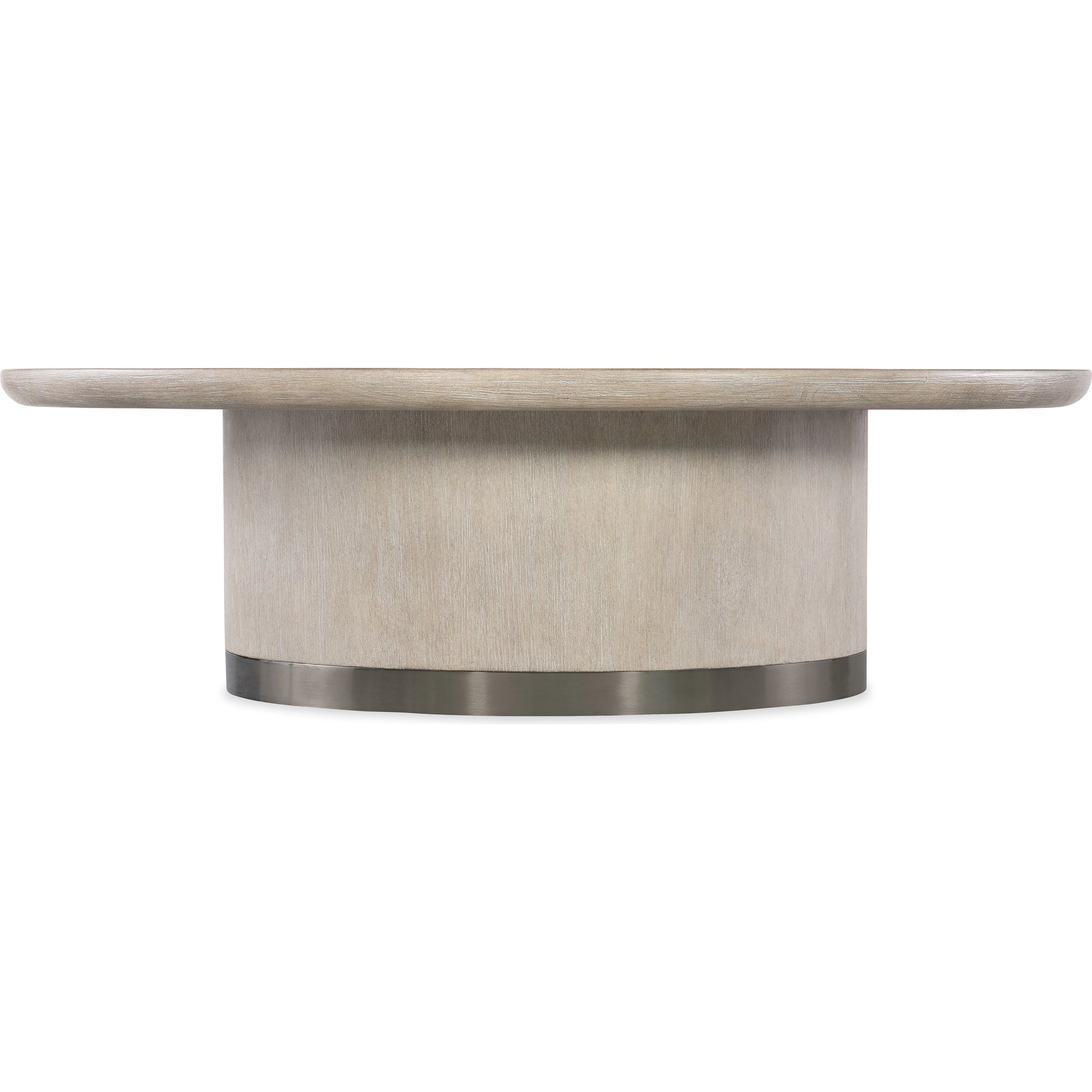 Modern Mood Round Cocktail Table by Hooker Furniture. Made from oak veneers, metal in a modern style.