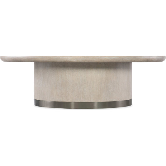 Modern Mood Round Cocktail Table by Hooker Furniture. Made from oak veneers, metal in a modern style.