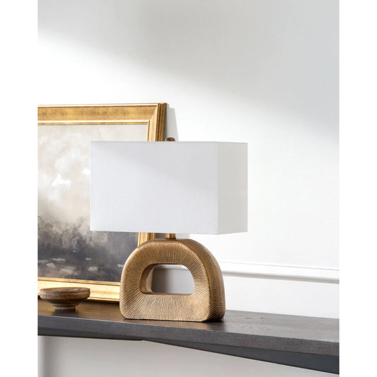 Hennes Accent Table Lamp by Surya in gold. Made from aluminum, cotton, iron in a modern style.