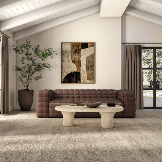 Callan Sofa by Moe's Home Collection. Made from full aniline leather, foam, fiber seat, pine, plywood frame, s-spring, elastic webbing suspension in a unique style.