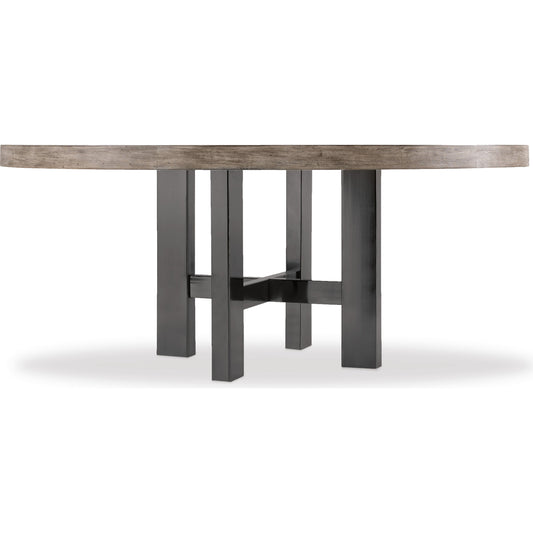 Curata Round Dining Table by Hooker Furniture in mountain modern greige. Made from white oak veneers, metal in a unique style.