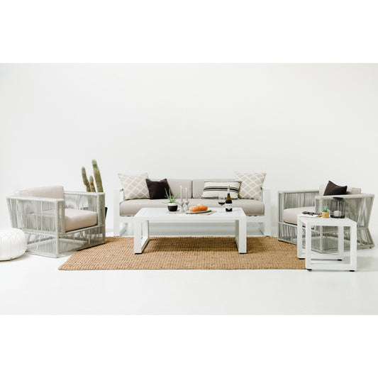 Newport Outdoor End Table by Sunset West in frost. Made from aluminum in a modern style.