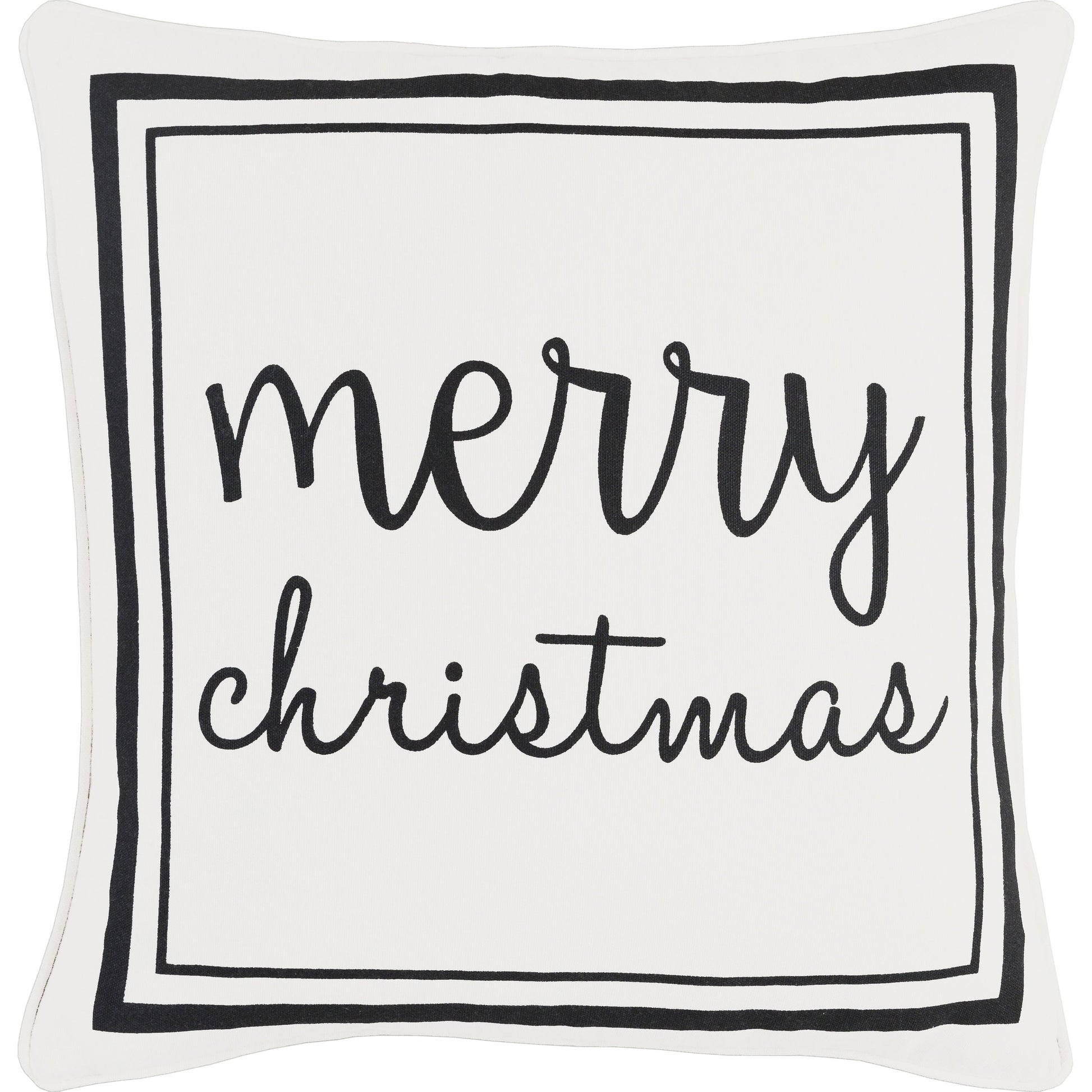 Merry Christmas Pillow by Surya in dark green, white. Made from front: 100% cotton, back: 100% cotton in a modern style.