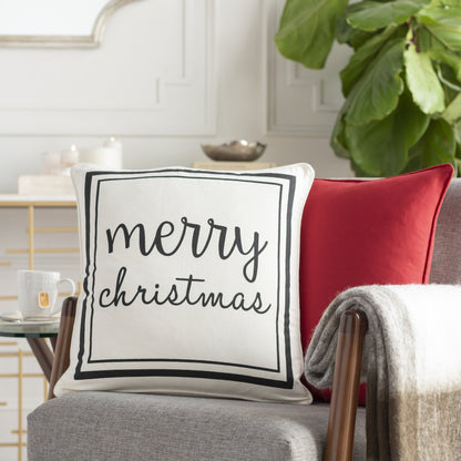 Merry Christmas Pillow by Surya in dark green, white. Made from front: 100% cotton, back: 100% cotton in a modern style.