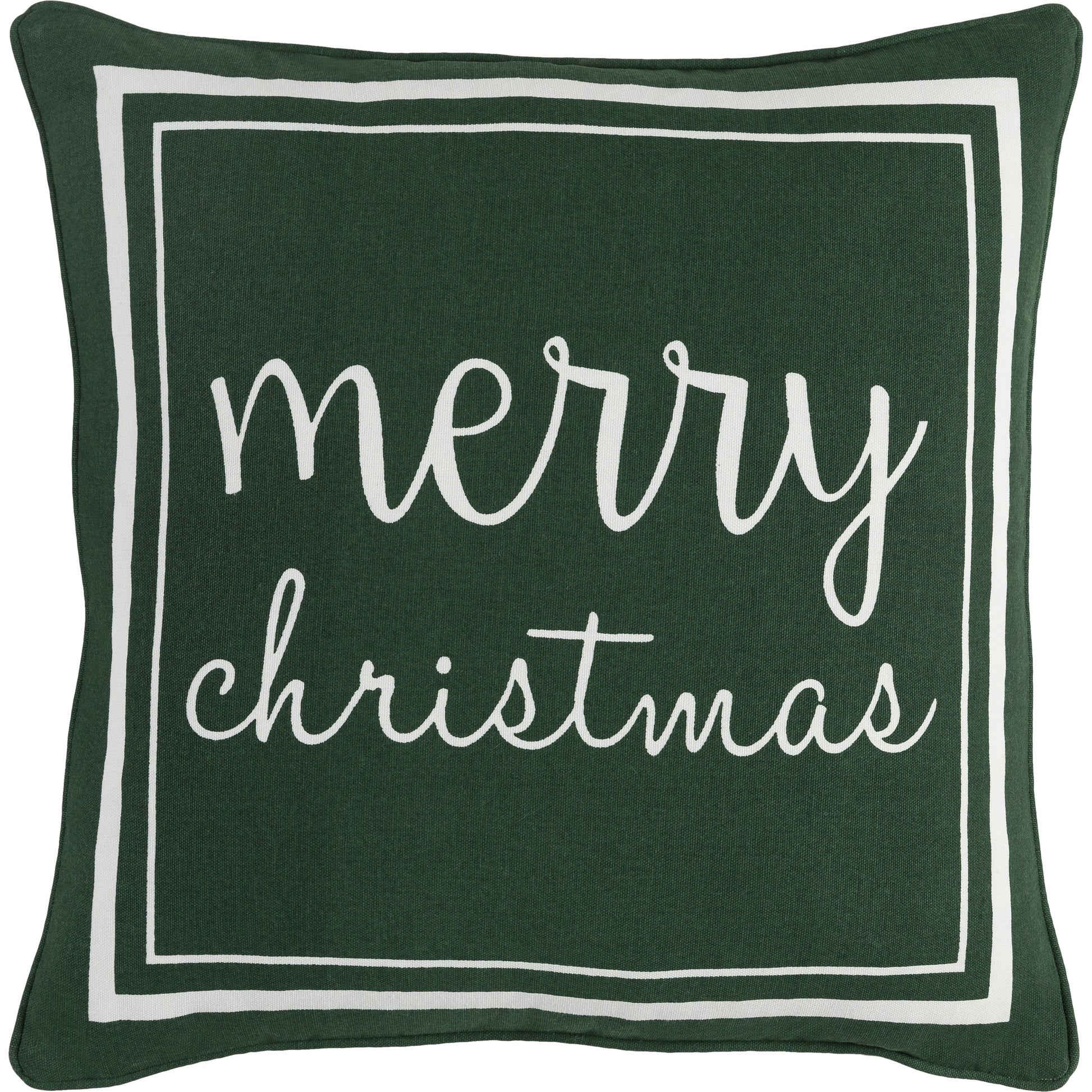 Merry Christmas Pillow by Surya in dark green, white. Made from front: 100% cotton, back: 100% cotton in a modern style.