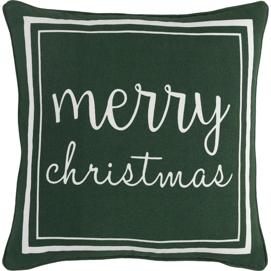 Merry Christmas Pillow by Surya in dark green, white. Made from front: 100% cotton, back: 100% cotton in a modern style.