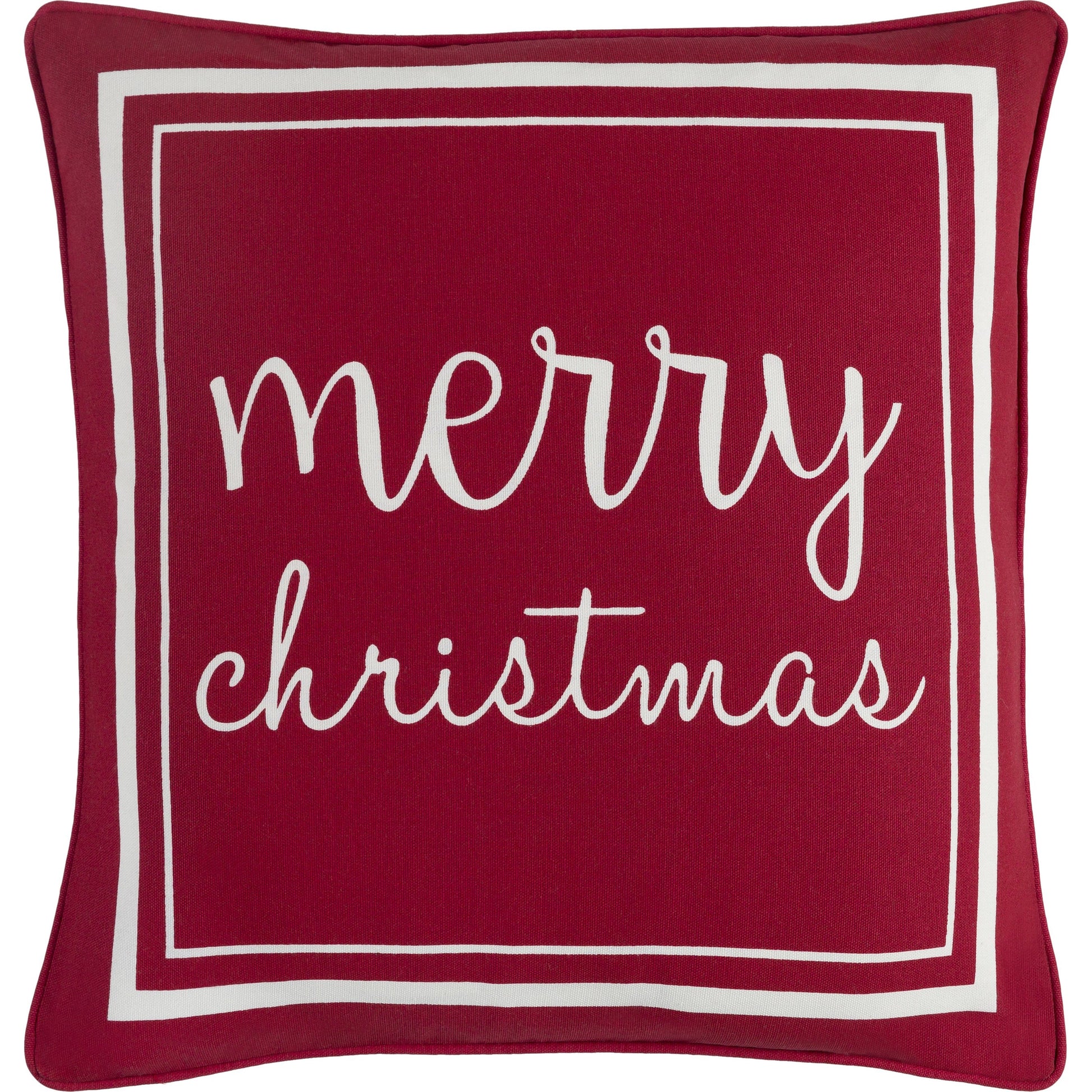 Merry Christmas Pillow by Surya in dark green, white. Made from front: 100% cotton, back: 100% cotton in a modern style.