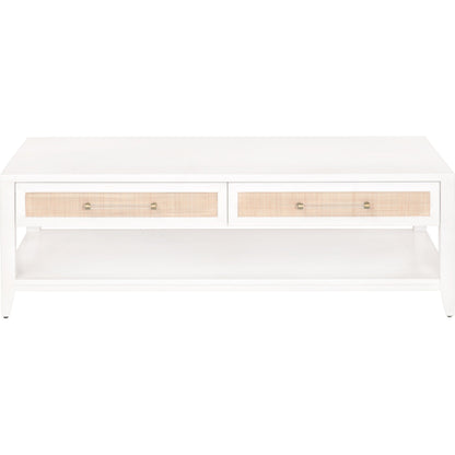 Holland Coffee Table by Essentials For Living in matte white, natural, brushed brass. Made from mdf, rattan in a transitional style.