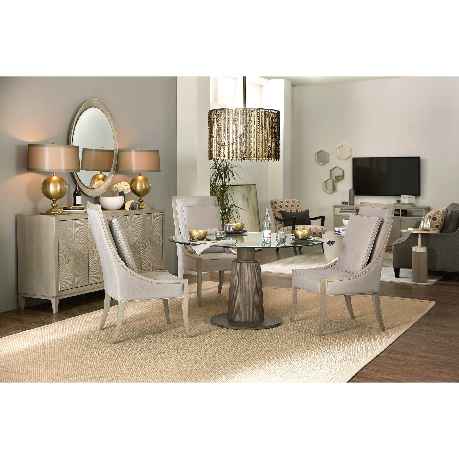 Elixir Buffet by Hooker Furniture in greige. Made from walnut veneers, faux shagreen in a cottage & farmhouse style.