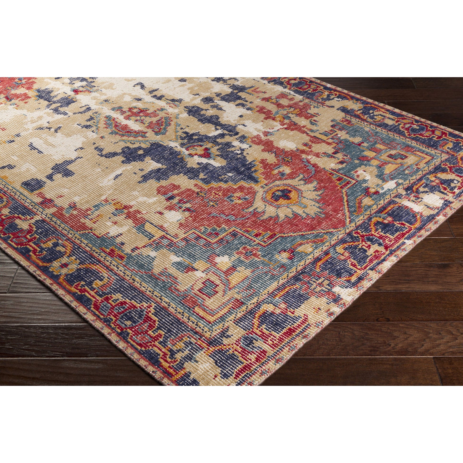 Hoboken Rug - 21667 by Surya in rust, dark blue, red, tan, teal, mustard. Made from 100% wool in a unique style.