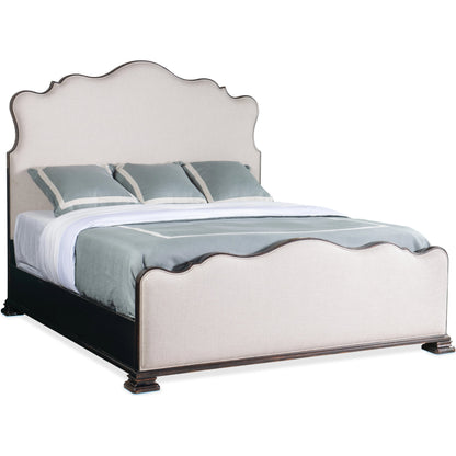 Charleston Upholstered Bed by Hooker Furniture in chateau linen and black cherry. Made from cherry veneers, fabric in a transitional style.