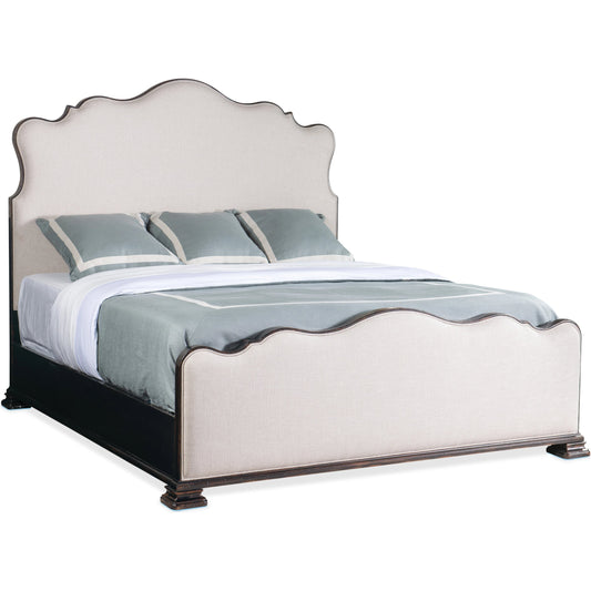 Charleston Upholstered Bed by Hooker Furniture in chateau linen and black cherry. Made from cherry veneers, fabric in a transitional style.