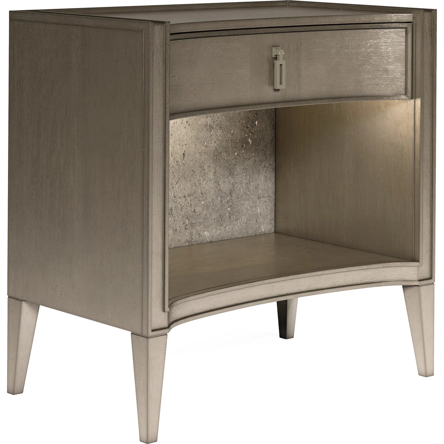 002 SI-2334439 | Primary Silo | Cove Open Nightstand by A.R.T. Furniture in grey and mica. Made from rubberwood solids, primavera veneers, cork, metal in a traditional style.