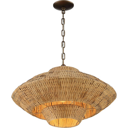 Luca Single-Light Rattan 3-Tier Chandelier by Lumanity in hand painted bronze. Made from iron, natural rattan in a coastal style.
