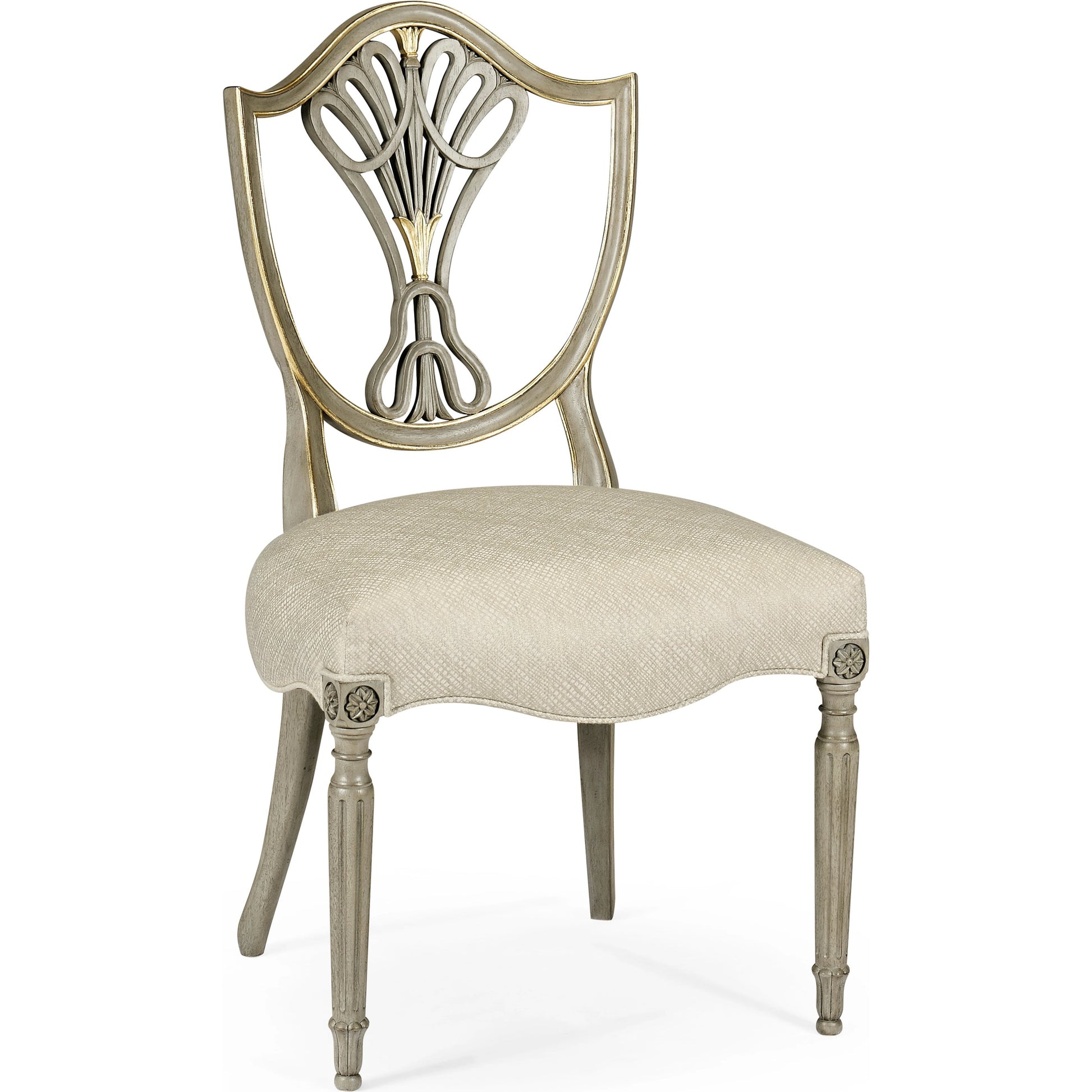 Buckingham Sheraton Grey & Gilded Dining Side Chair by Jonathan Charles in brown and buckingham gray. Made from acacia in a traditional style.