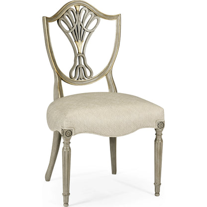 Buckingham Sheraton Grey & Gilded Dining Side Chair by Jonathan Charles in brown and buckingham gray. Made from acacia in a traditional style.