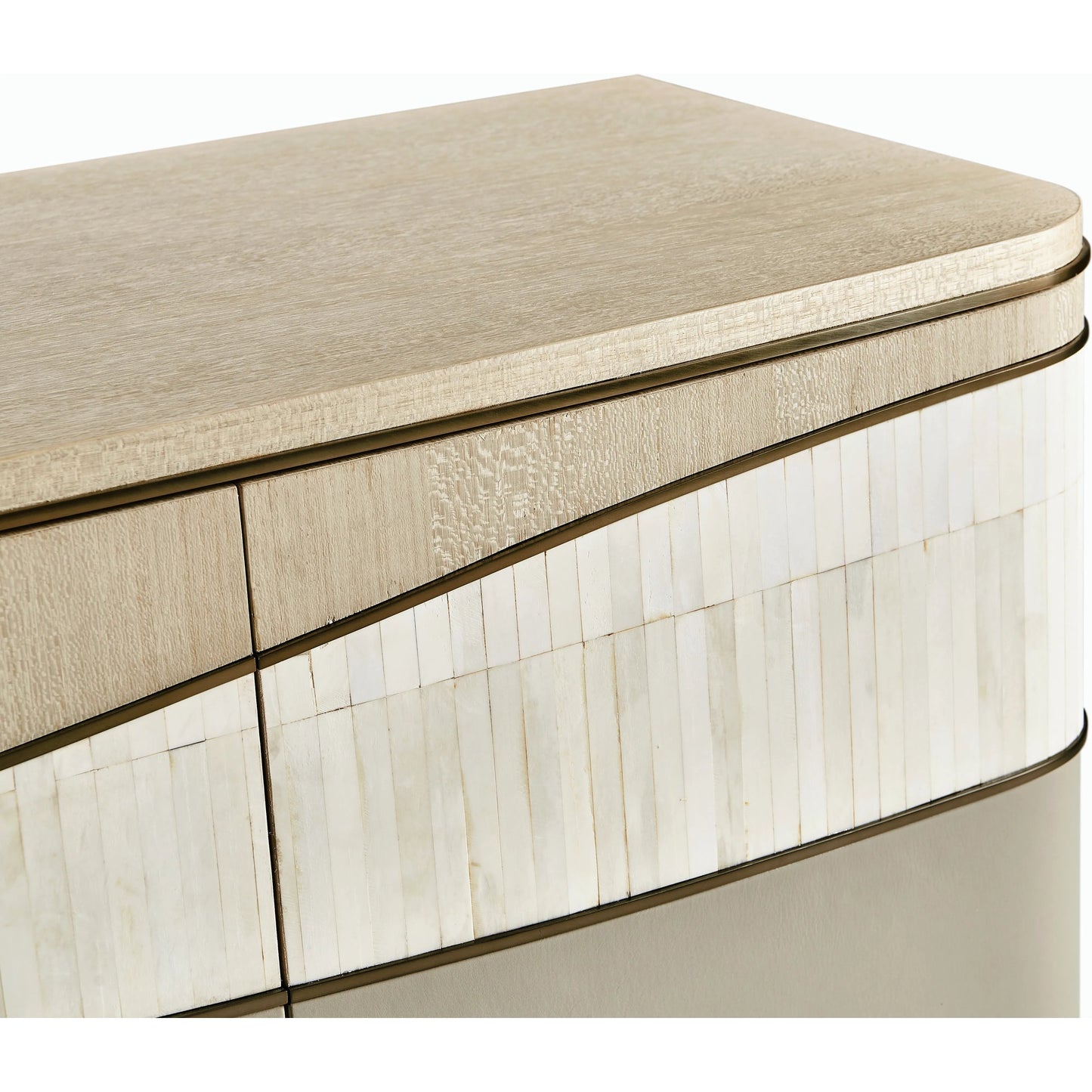 009 SI-2186266 | Closeup | Water Breaker Mixed Media Credenza by Jonathan Charles in beige and ash blonde. Made from dyed koto veneer, bone, leather, metal in a transitional style.