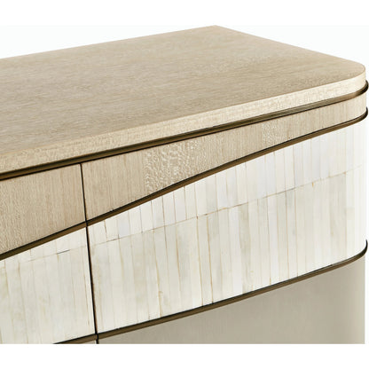 Water Breaker Mixed Media Credenza by Jonathan Charles in beige and ash blonde. Made from dyed koto veneer, bone, leather, metal in a transitional style.