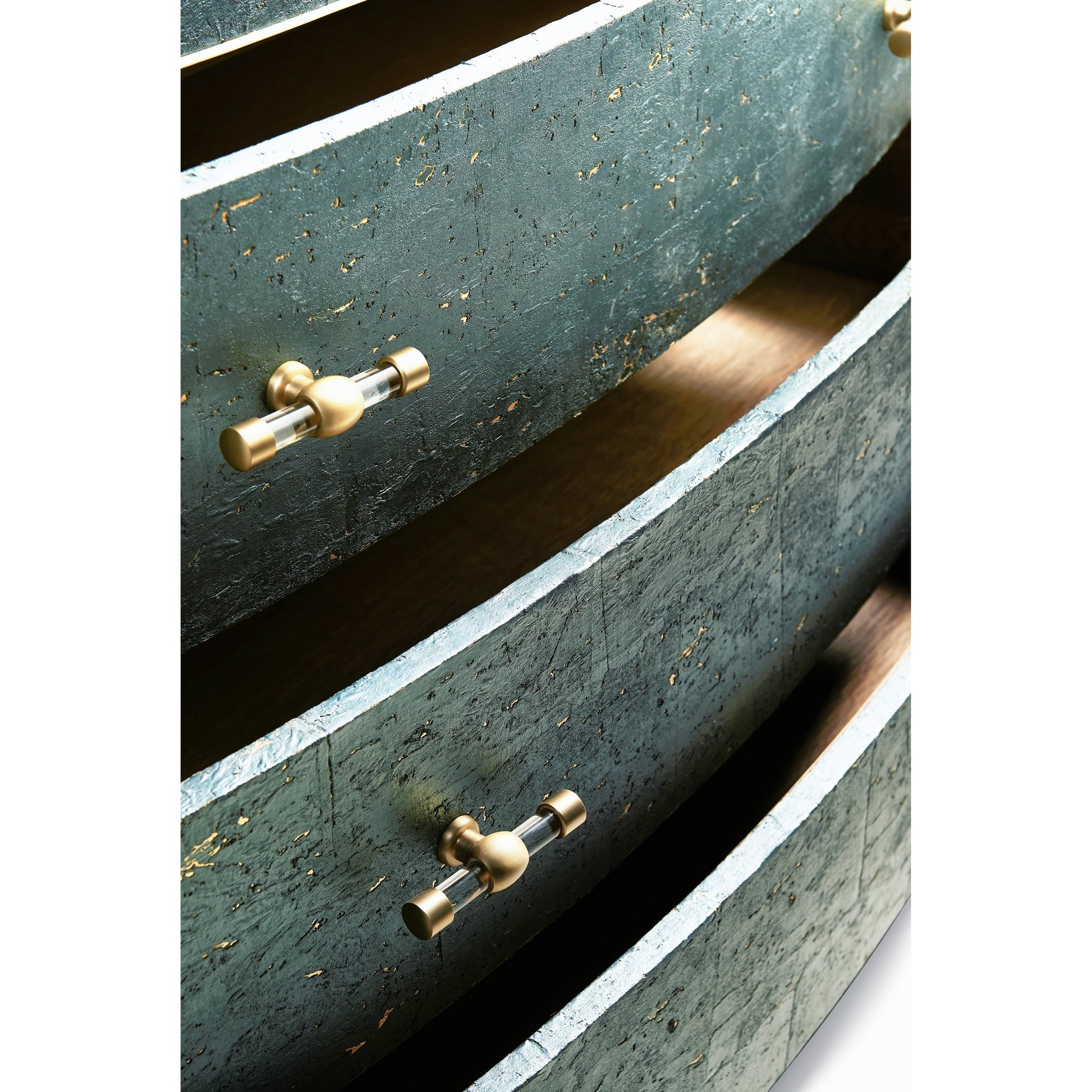 Suberin Cork Bow Front Chest by Jonathan Charles in blue and teal cork wallpaper. Made from beech wood, cork in a modern style.