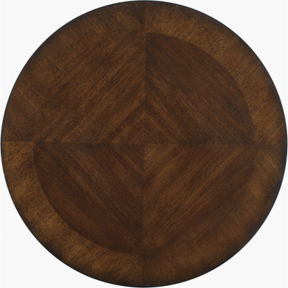 Kinsey Round End Table by Hooker Furniture in dark walnut. Made from quartered walnut veneer in a traditional style.