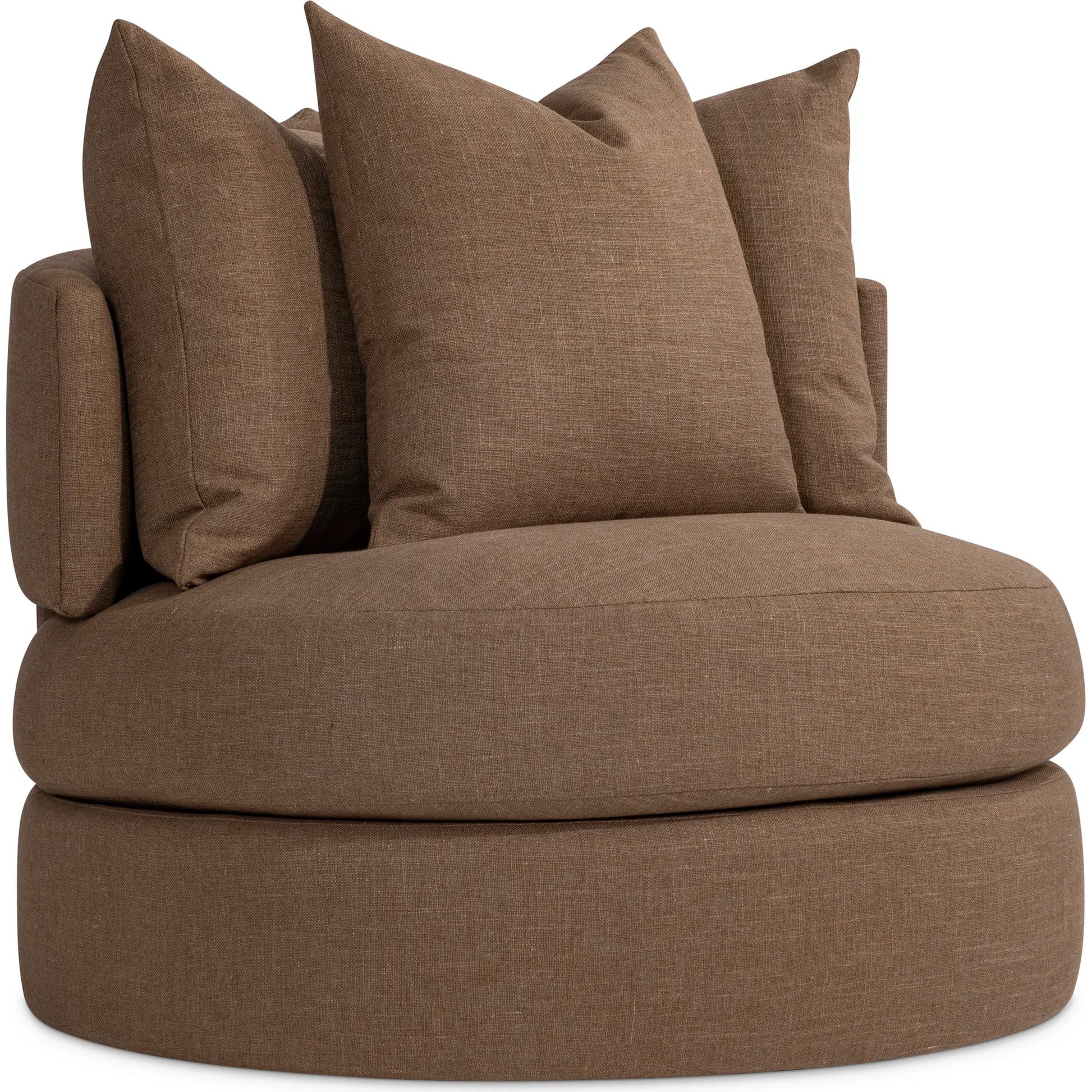 Colby Fabric Swivel Chair by Bernhardt in brown. Made from polyfoam core, virgin polyester fibers, waterfowl feathers, waterfowl down in a transitional style.