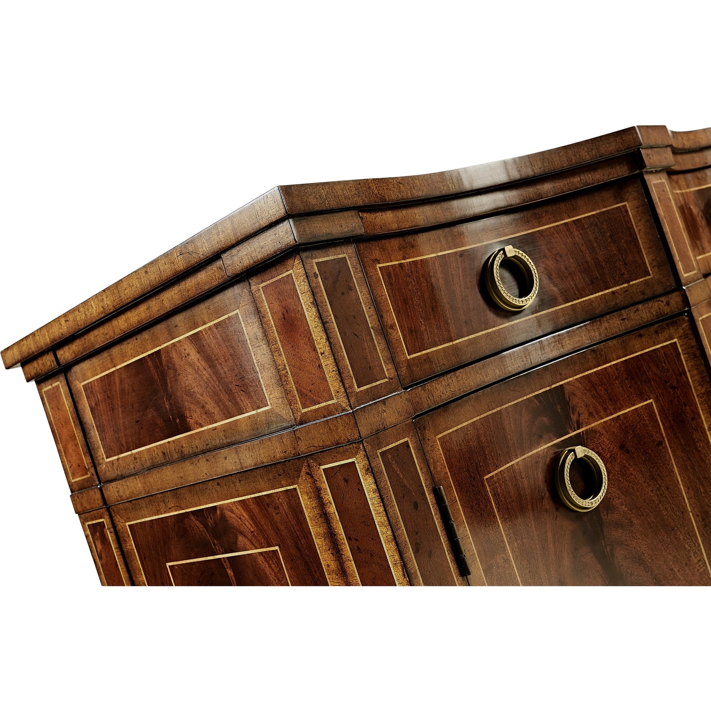 012 SR-846122 | Closeup | Buckingham Serpentine Mahogany Credenza by Jonathan Charles in brown and medium antique mahogany. Made from acacia in a traditional style.