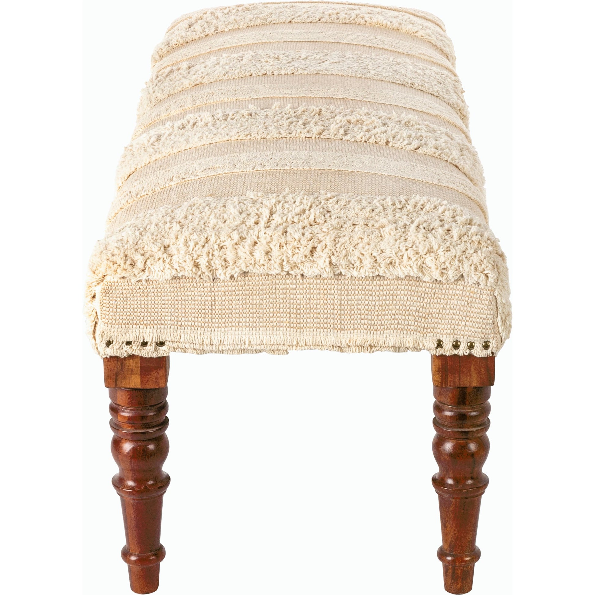 Haarlem Bench - 32547 by Livabliss in base: brown and lacquered. Made from top: 100% cotton, fill: 90% foam, fill: 10% polyester, polyfill, base: wood in a traditional style.