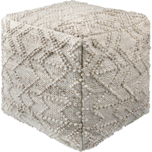 Chrisley Indoor/Outdoor Pouf by Livabliss in off-white, sterling grey, light grey, warm grey, pewter, sage, light silver. Made from top: 100% recycled pet yarn, bottom: 100% polyester, fill: 100% polybeads in a modern style.