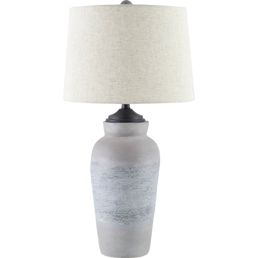 Hierro Accent Table Lamp 592019 by Surya in body: gray; shade (outside): beige; shade (inside): white; finial: gray; harp: black; cord: black and distresseddistressed. Made from paper, cotton, metal, mango wood in a unique s