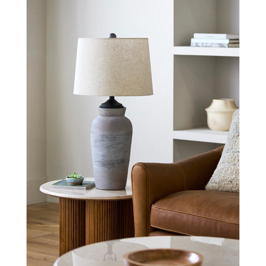 Hierro Accent Table Lamp 592019 by Surya in body: gray; shade (outside): beige; shade (inside): white; finial: gray; harp: black; cord: black and distresseddistressed. Made from paper, cotton, metal, mango wood in a unique styl