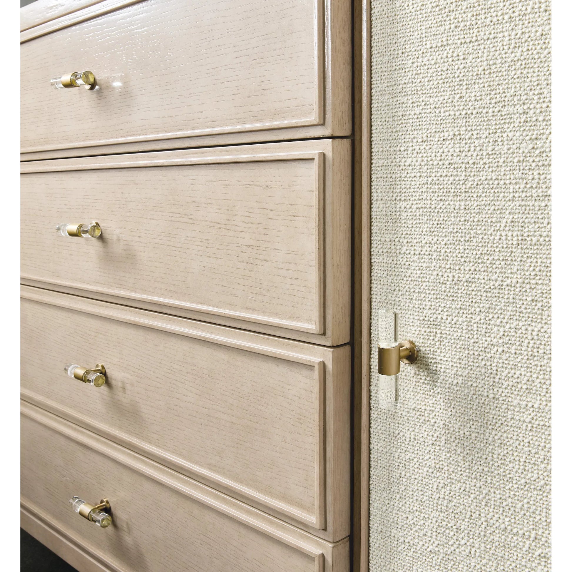 Melange Be My Guest Dresser by Hooker Furniture in polished limestone, oak veneers. Made from oak veneers, fabric, 100% polyester in a transitional style.