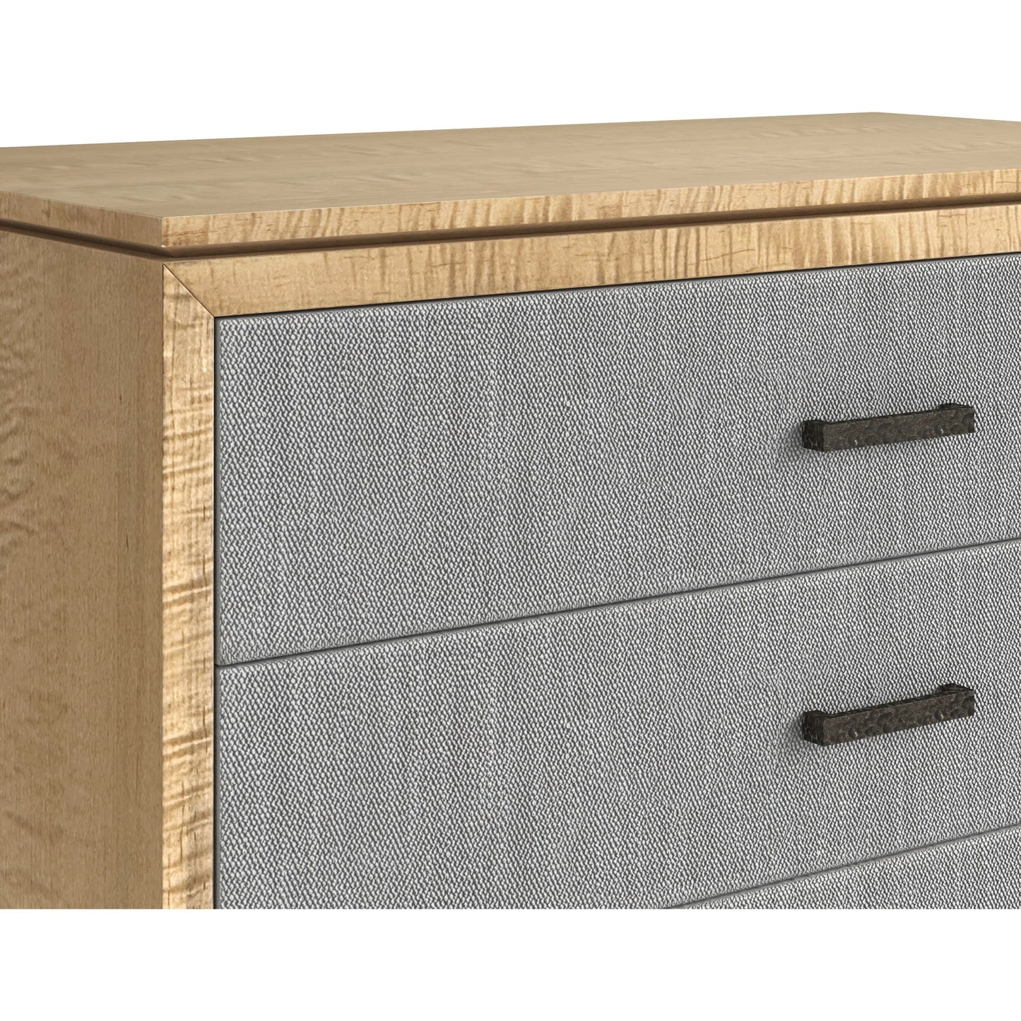 002 SI-2447946 | Closeup | Loft Fabric Bedside Chest by A.R.T. Furniture in gray and natural maple. Made from poplar, rubberwood, fabric in a modern style.