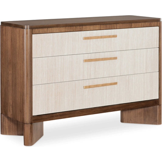Eleana Three Drawer Chest by Hooker Furniture in light caramel, quartered walnut veneers. Made from walnut veneers, wall covering in a modern style.