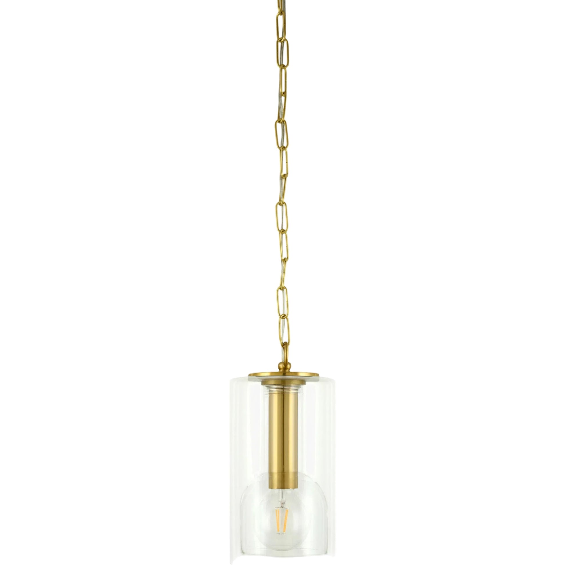 Hashira Pendant by Surya in metallic brass, clear, translucent. Made from iron, glass in a transitional style.