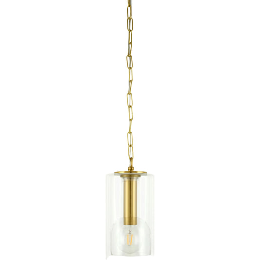 Hashira Pendant by Surya in metallic brass. Made from iron, glass in a transitional style.