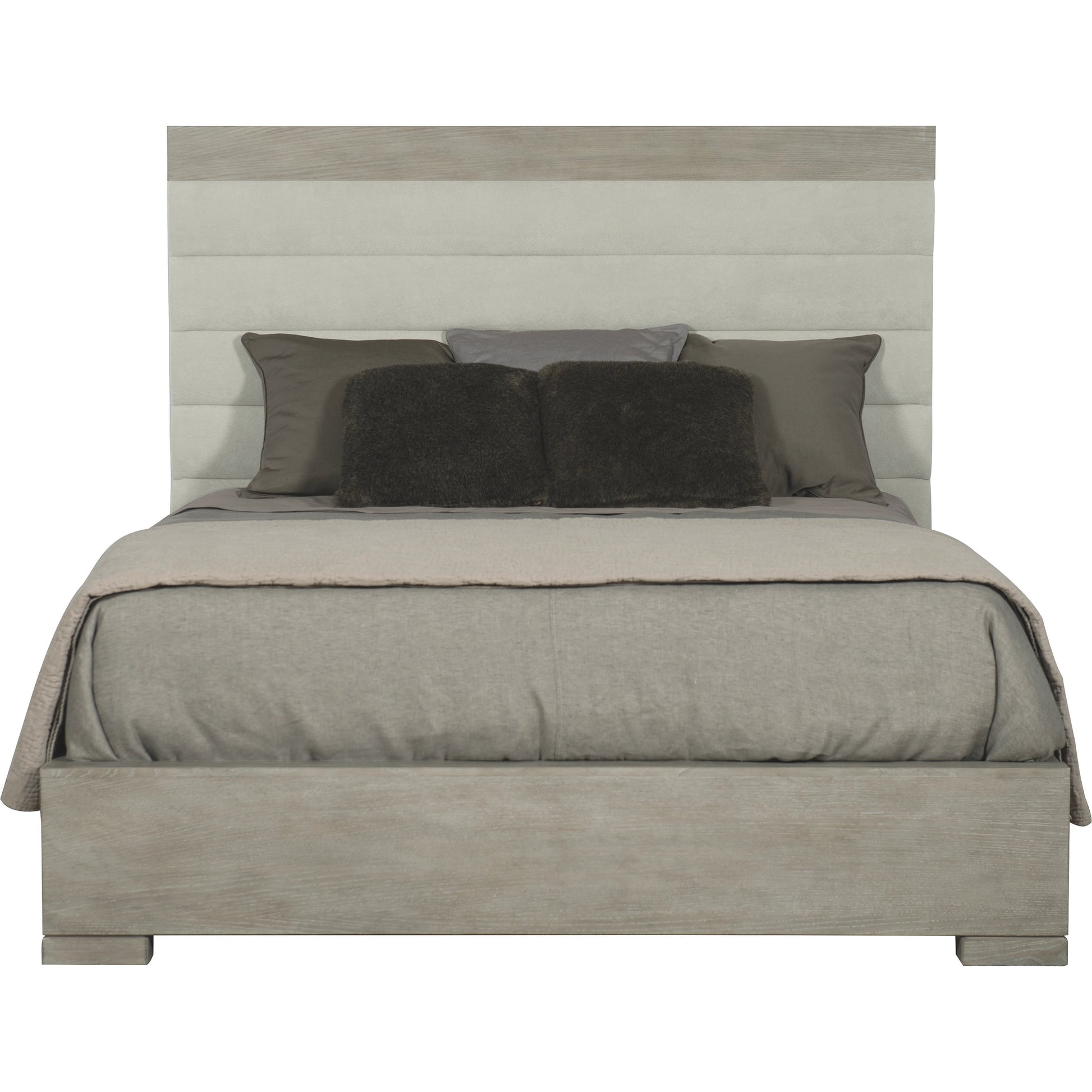 Linea Upholstered Channel Bed by Bernhardt in cerused greige. Made from white oak veneers, fabric in a unique style.