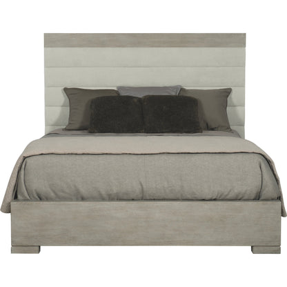 Linea Upholstered Channel Bed by Bernhardt in cerused greige. Made from white oak veneers, fabric in a unique style.