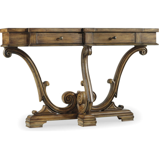 Sanctuary Console by Hooker Furniture in amber sands. Made from primavera, maple veneers with resin in a traditional style.