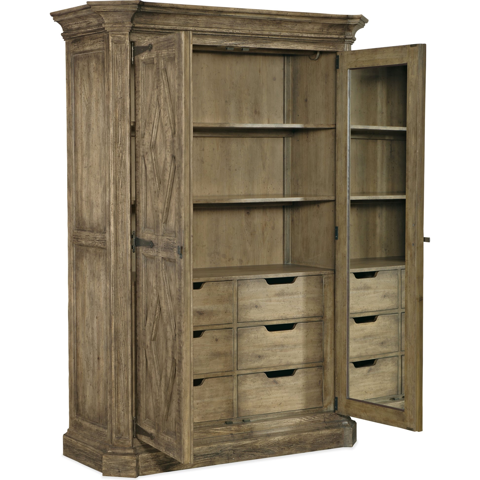 La Grange Mt. Maria Wardrobe by Hooker Furniture in barn wood. Made from pecky hickory veneer, mirror in a traditional style.