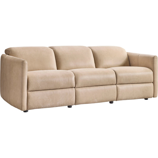 Sierra Leather Power Motion Sofa by Bernhardt in beige, tan. Made from leather in a unique style.
